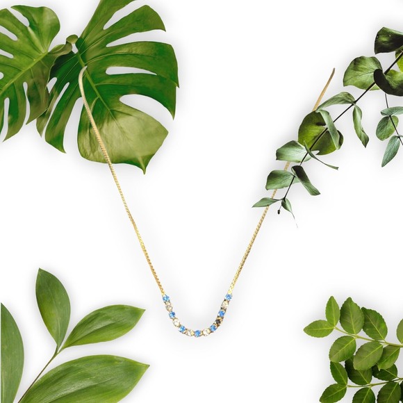 Unbranded Jewelry - Vintage Blue & Clear Rhinestone Necklace Collar Gold Tone Chain Shiny 18.5 in